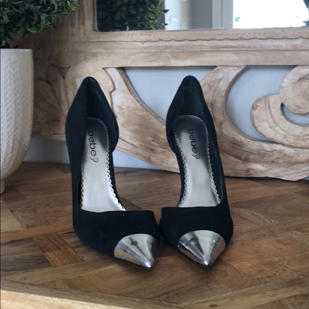 Black suede Bebe heels size 8 Silver toe and heal